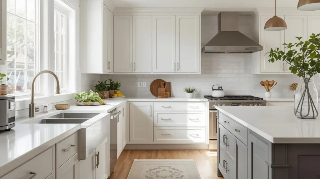 Connecticut Refinished Kitchen Cabinets painted in white with the island painted in a green-gray.