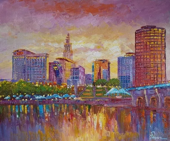 Image of a reproduction painting of the Hartford Connecticut skyline with the Connecticut River in the foreground