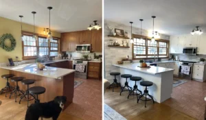 Before and after picture of a kitchen cabinet refinishing project by a Connecticut Professional Painting Contractor