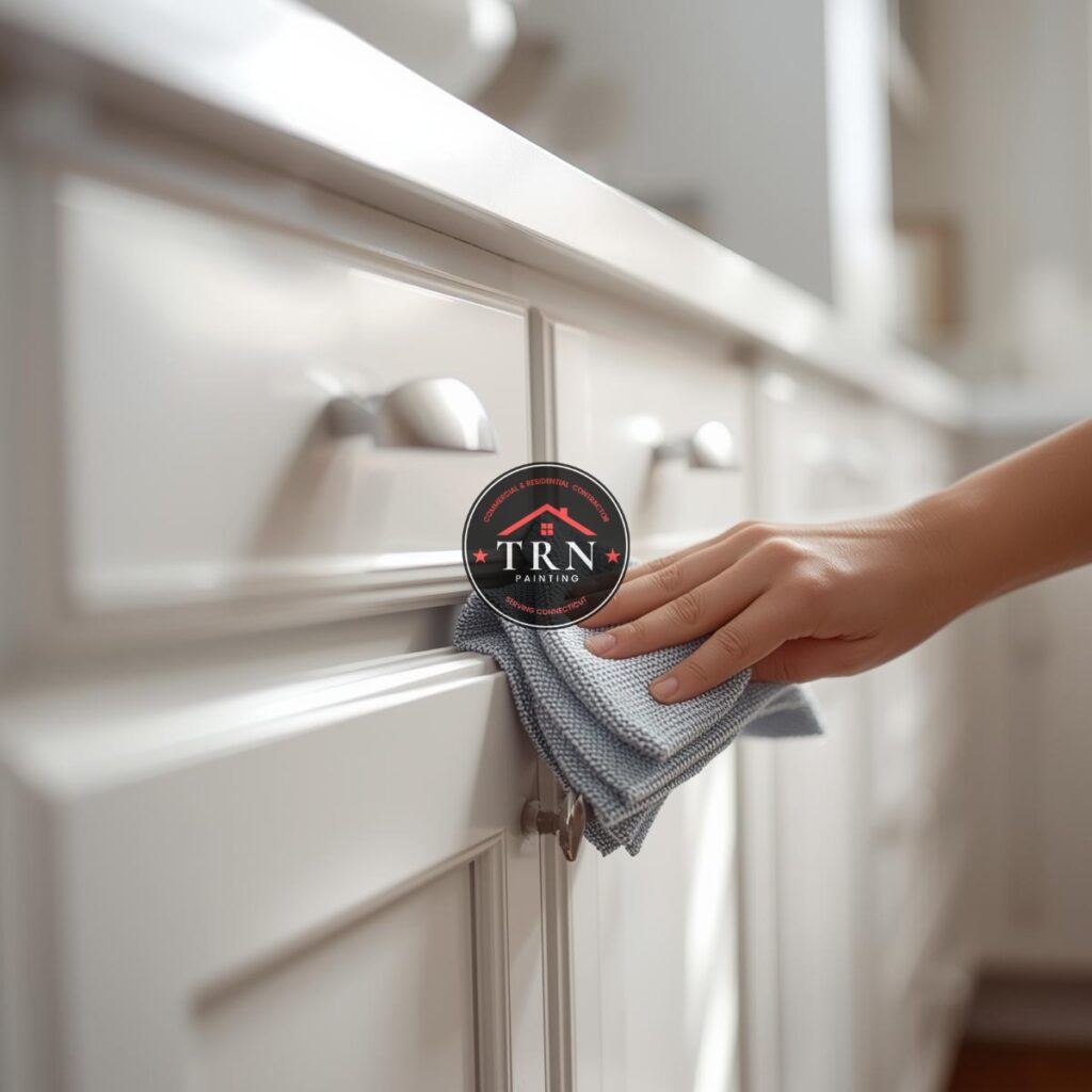 TRN Painting branded image of someone cleaning a painted cabinet
