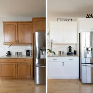 Before and after photo of a Connecticut kitchen cabinet refinishing.