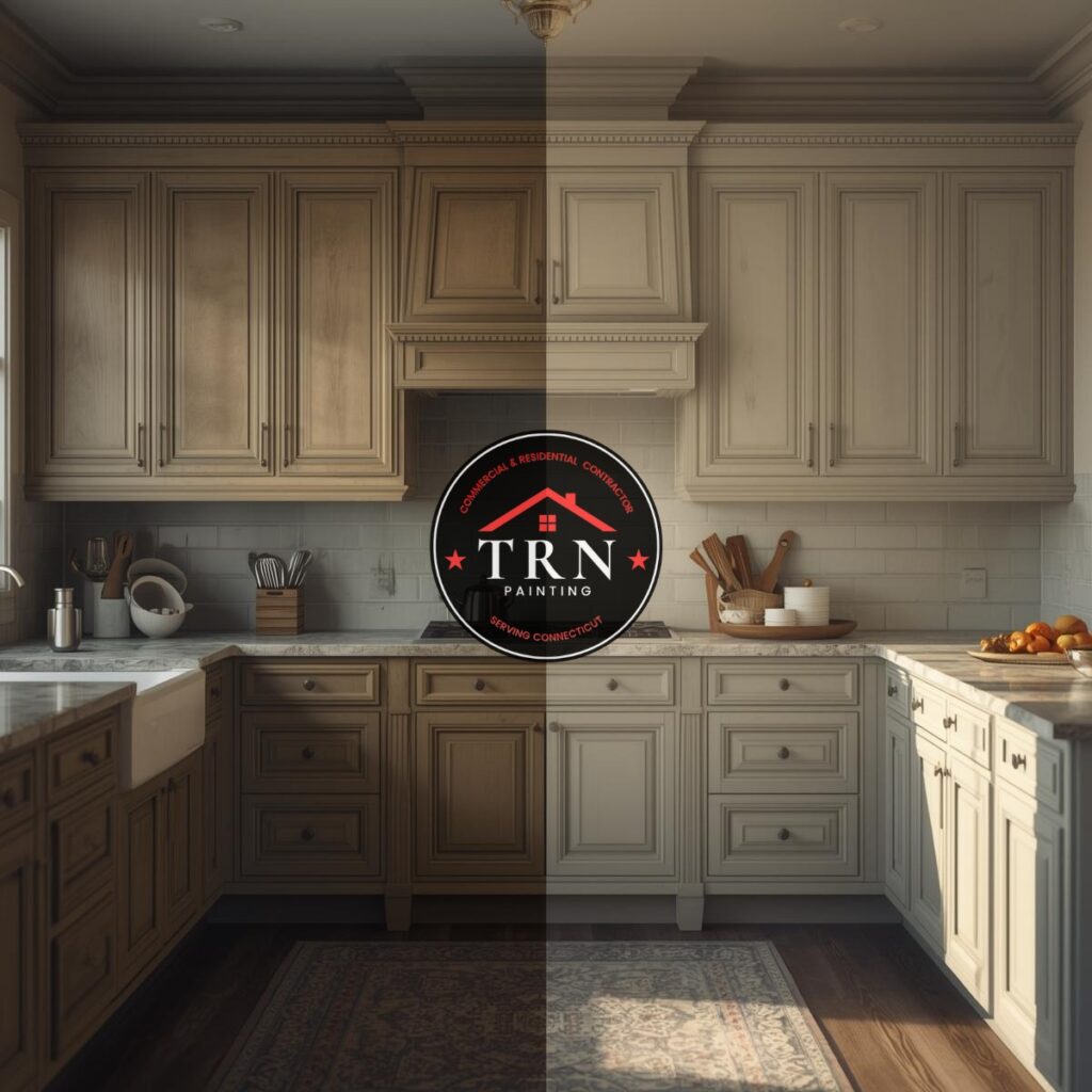 TRN Painting branded image of a kitchen half unclean, half cleaned